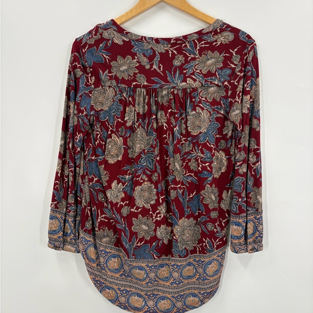 Lucky Brand Burgundy Boho Floral Paisley Peasant Henley Top | Small - Picture 4 of 8